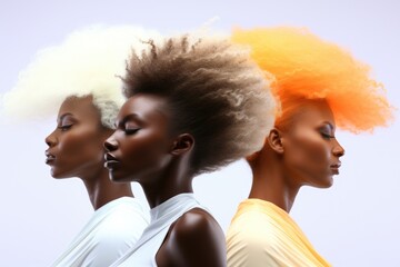 Happy Women's Day Concept, Three African women in different hair color on white background. Fictional Character Created by Generative AI. - obrazy, fototapety, plakaty