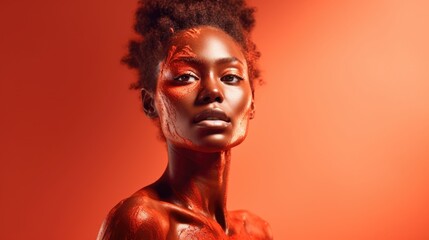 A Fashion Portrait of Red body paint young african woman. Fictional Character Created by Generative AI.