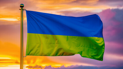 Ukraine Waving Flag Against a Cloudy Sky at Sunset.