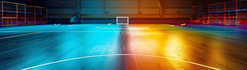 Futsal court illuminated by indoor lights, highlighting the vibrant colors of the pitch