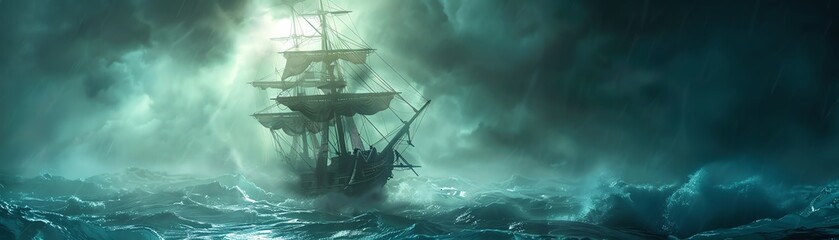 Haunted pirate ship crew navigating through stormy seas in search of buried treasure with the help of a spectral map