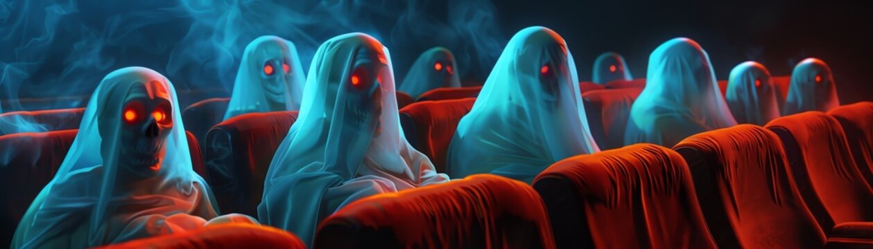 Ghosts engrossed in a spooky movie marathon, their ectoplasmic forms flickering in ethereal delight as they watch the screen