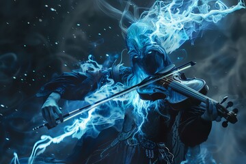 An advertisement featuring a demon performing with a symphonic metal band, their electric violin glowing with otherworldly energy and casting a mesmerizing spell on all who listen The surreal and fant - obrazy, fototapety, plakaty