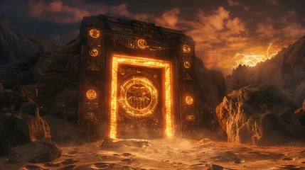 Fotobehang A mysterious doorway in the barren landscape, adorned with glowing symbols of an ancient civilization © Pairat