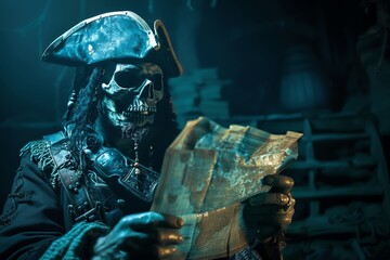 Ghost pirate using a spectral map to guide their search for treasure in the depths of the ocean - obrazy, fototapety, plakaty