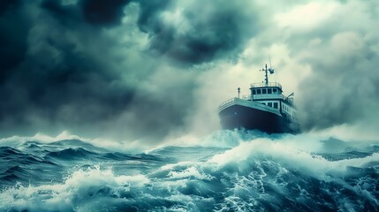 Ship navigating through stormy work sea and calm passive income ocean, capturing the contrast between chaos and stability