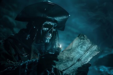 Ghost pirate using a spectral map to guide their search for treasure in the depths of the ocean - obrazy, fototapety, plakaty