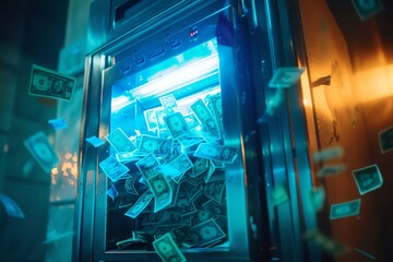 A glowing ATM machine, overflowing with currency as if from a neverending source - obrazy, fototapety, plakaty