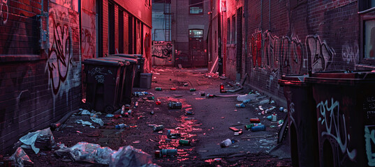 Alley with neon light garbage and graffiti at night