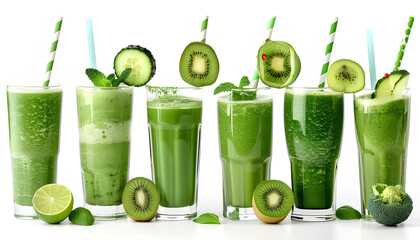Set of healthy green smoothies isolated on white