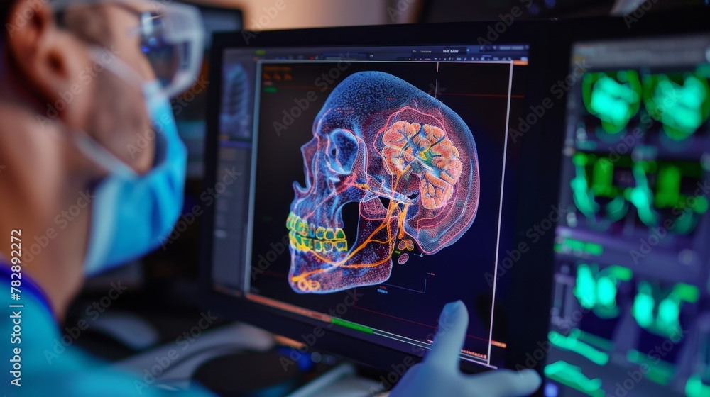 Poster man observing computer screen displaying a skeleton