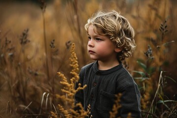 Portrait of a boy in a field with dry grass, outdoor shot - Powered by Adobe