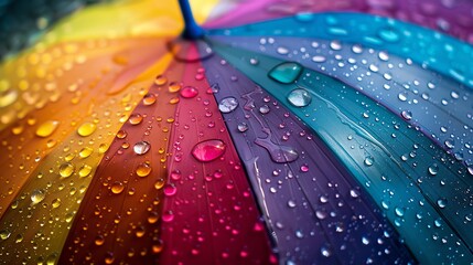 A vibrant display of raindrops speckling a multicolored umbrella, bringing a pop of joy to an otherwise dreary day - obrazy, fototapety, plakaty