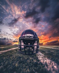 American football helmet on the field with yard lines in view, under a dramatic sky