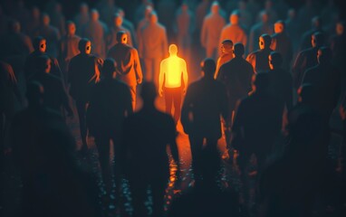 Be Standout 3D Concept, One Man Glowing Among Other People in Dark Condition - obrazy, fototapety, plakaty