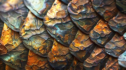 Detailed depiction of the iridescent sheen and rough texture of a dragon scale - obrazy, fototapety, plakaty