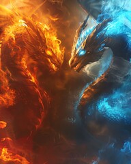 Elemental dragons representing fire and ice in a facetoface confrontation