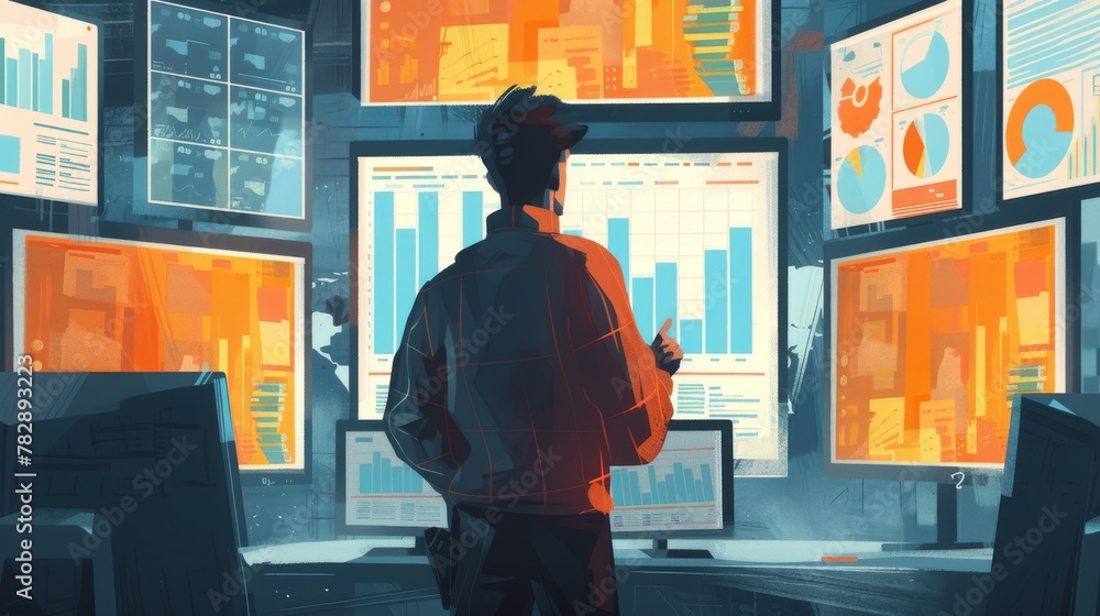 Aufkleber man contemplating financial data on multiple screens, engaging with market analytics in a futuristic