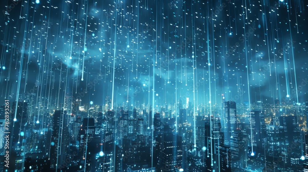 Poster cyber cityscape with digital rain, visualizing data flow in an urban setting at nighttime