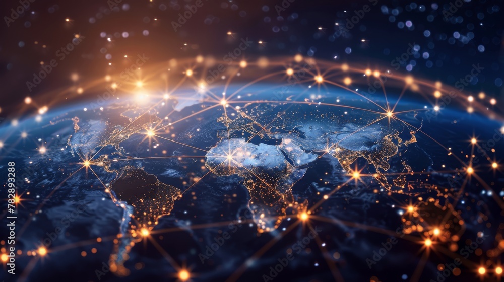Poster digital illustration of global network connectivity with glowing nodes and links over earth at night