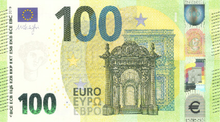 Vector obverse of high poly pixel mosaic 100 euro European Union banknote. Front side. Flyer or game money.