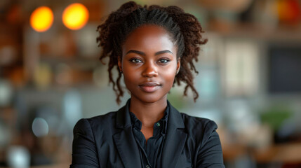 an african american female executive in a powerful medium shot, confidently adorned in a sharp business suit.