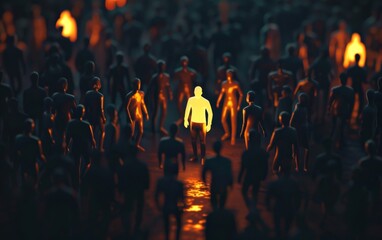 Be Standout 3D Concept, One Man Glowing Among Other People in Dark Condition