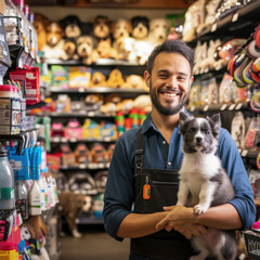 pet store owner in a vibrant store environment, surrounded by various pets and pet supplies.