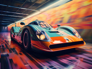 High-Speed Racing Car in Motion Blur Tunnel - obrazy, fototapety, plakaty