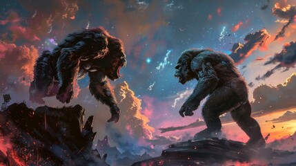 Gorilla gladiators in a Wild West showdown, ancient Greece meets galaxy skies, secrets of the cosmos unveiled. - obrazy, fototapety, plakaty