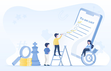Business people checking checklist, to do list, task, planning work, assignment, reminder. Improvement and development to achieve success.  Flat vector design illustration with copy space. 