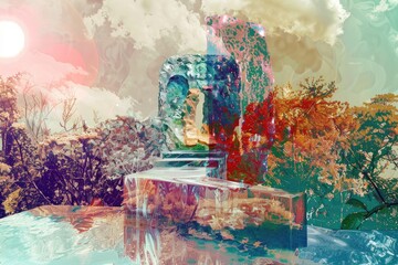 A beautiful landscape painting with vibrant colors and a surreal atmosphere. - obrazy, fototapety, plakaty