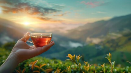 a cup of tea in hand, against the backdrop of a tea plantation. international tea day - obrazy, fototapety, plakaty