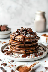 minimal style of chocolate pancakes, lwhite background , with empty copy space