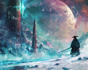 Samurai amidst Kuiper Belt's icy realms, delving into cyber mysteries with a spirit blade, where science meets spirituality.
