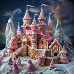 A castle made of gingerbread, adorned with icing and candy jewels, under a sky of spun sugar. - obrazy, fototapety, plakaty
