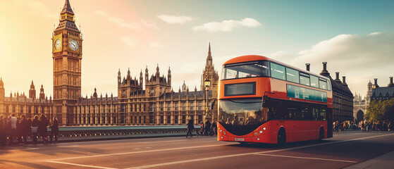 Iconic London Red Bus by Big Ben at Sunset