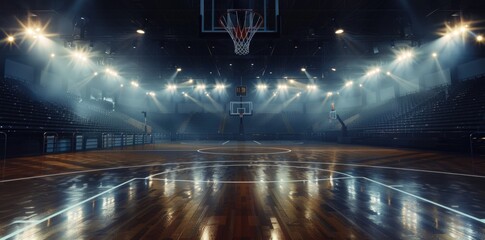 Photo of basketball arena with spotlights, dark atmosphere, - obrazy, fototapety, plakaty