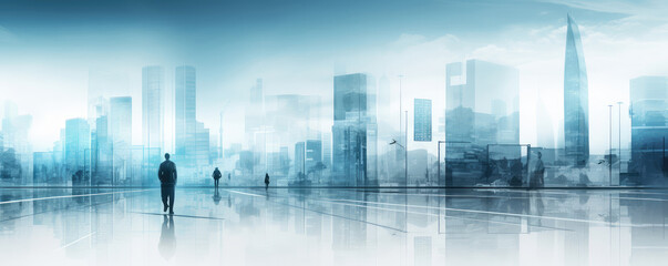 Futuristic Urban Landscape with Silhouetted Figures Walking