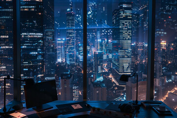 Office inside a skyscraper overlooking the city