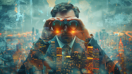 An image blending a businessman looking through binoculars with a digital landscape, symbolizing the search for future tech opportunities - obrazy, fototapety, plakaty
