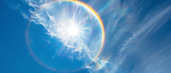 Sun halo, close up, ethereal glow, sharp details against blue sky