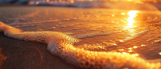 Summer beach sunset, close up, warm sand textures, golden light, serene - obrazy, fototapety, plakaty