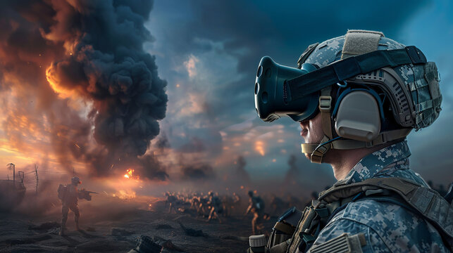 An image combining a virtual reality headset with a battlefield, symbolizing the simulation of warfare in training and planning