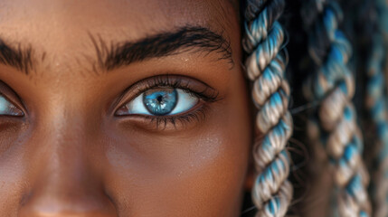 Close-up on eyes of young African American woman with dyed hair in studio.