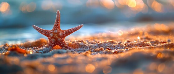 Starfish on ocean floor, close up, rich colors, soft sand background