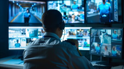 Security Guard Monitoring Multiple Surveillance Feeds