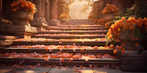 A beautiful autumn scene featuring a staircase covered in flowers.