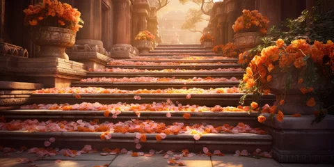 Tafelkleed A beautiful autumn scene featuring a staircase covered in flowers. © shelbys