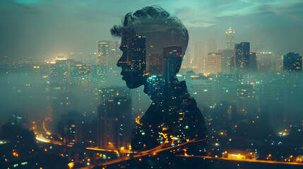 A double exposure of a hacker silhouette with a city at night, representing the unseen threats in the digital age